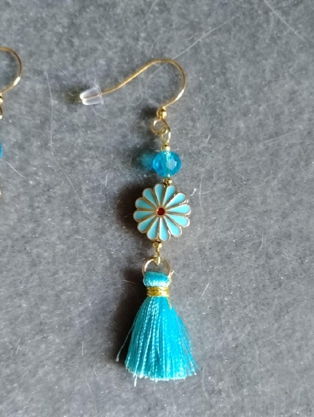 Hand Crafted Blue Tassel Flower Drop Earrings - Picture 3 of 4